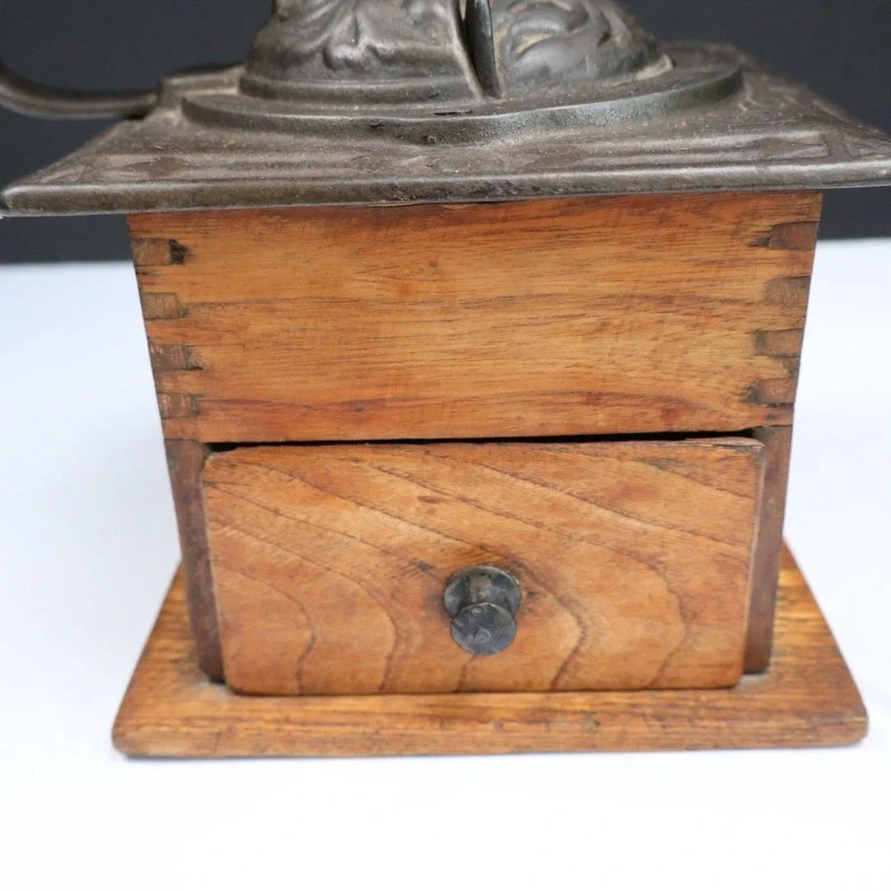 Antique Primitive Coffee Grinder Mill Handled Dovetail Cast Iron & Wood Rustic